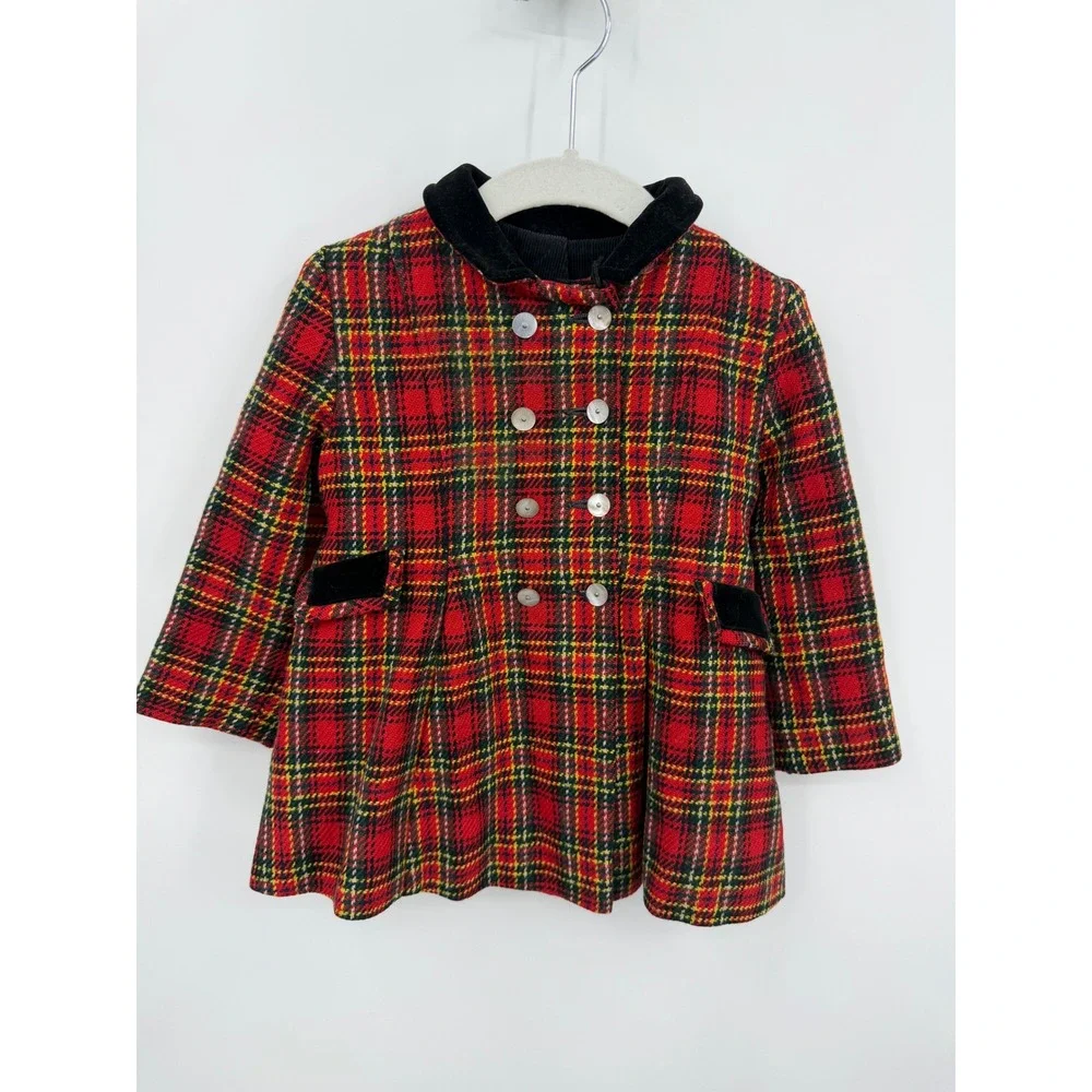 Vtg Plaid Coat girls 12 months 2T Red Tartan Velvet Trim Double Breasted Jacket